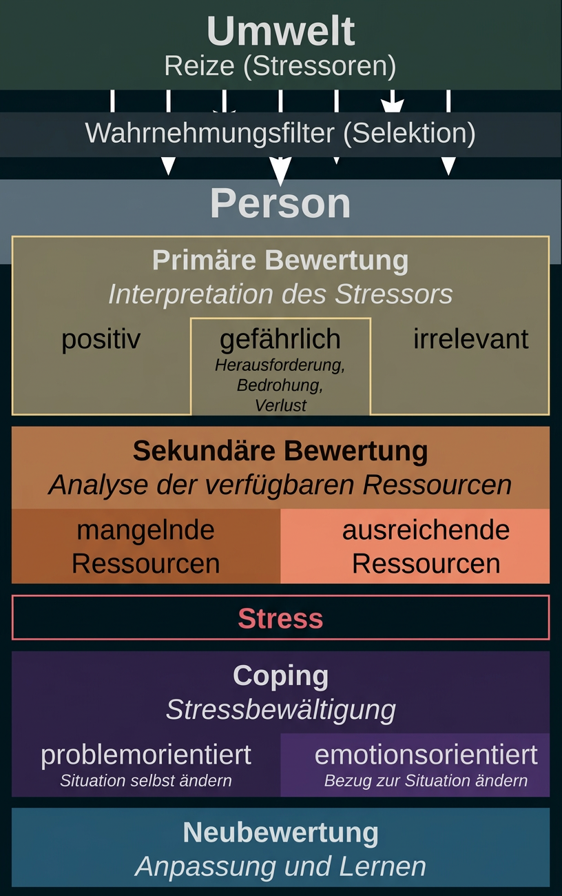 Schaubild zum Stressmodell mit Umweltreizen, Bewertung, Ressourcen, Stress, Coping und Neubewertung